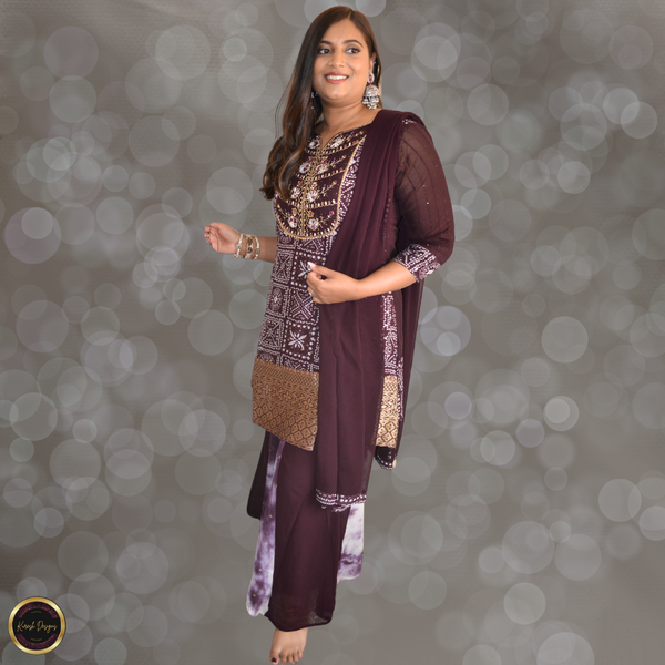 Wine Colored Bandhani Palazzo Ensemble